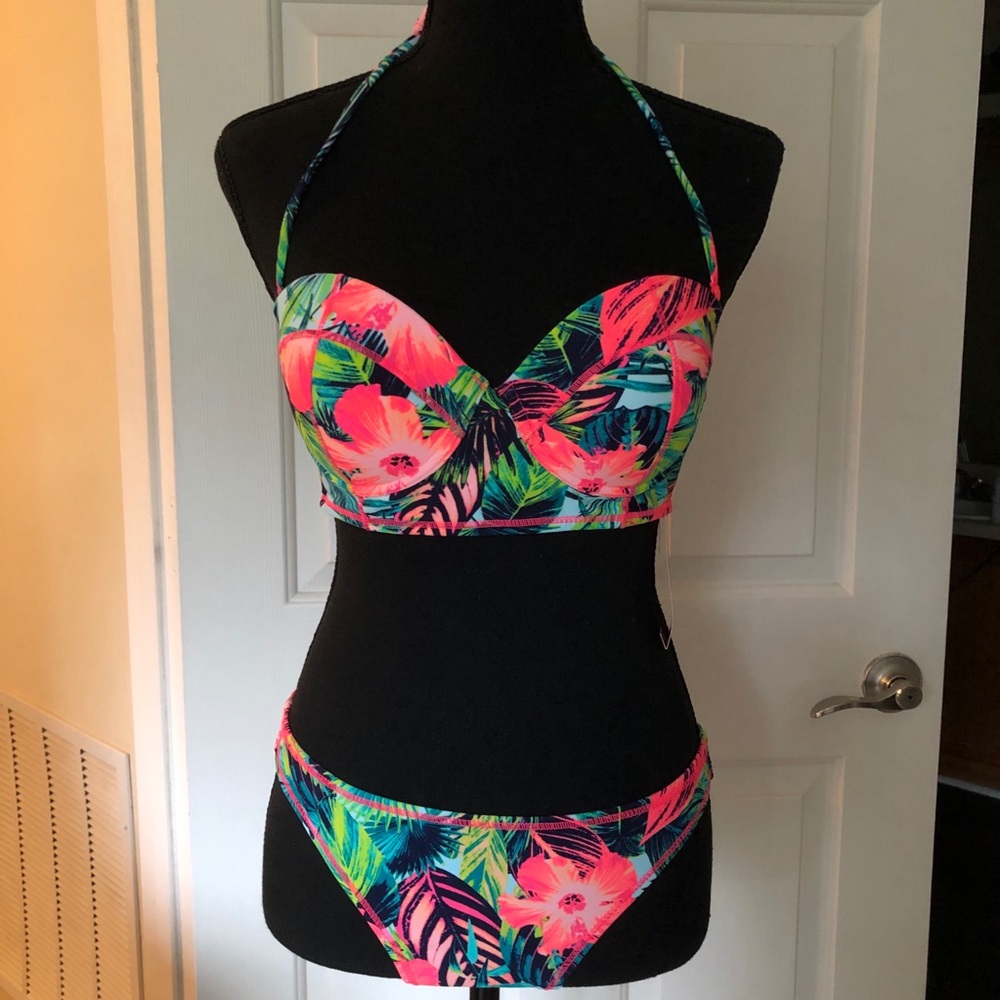 Women's Tropical Floral Push-Up Bikini Set - Neon Pink & Green. NWT